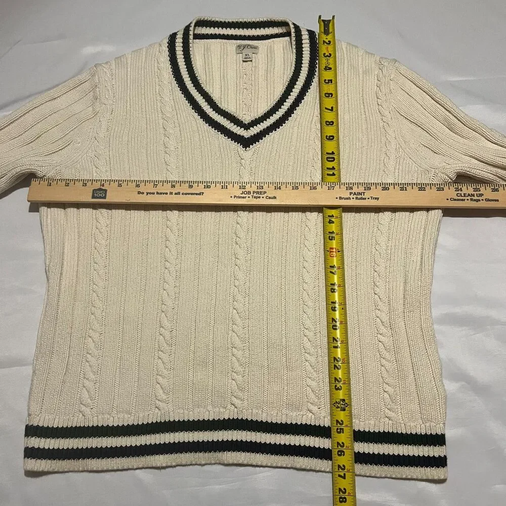 J.Crew Men's Heritage Cotton Cable-Knit V-Neck Sweater Cream Striped XL BI849